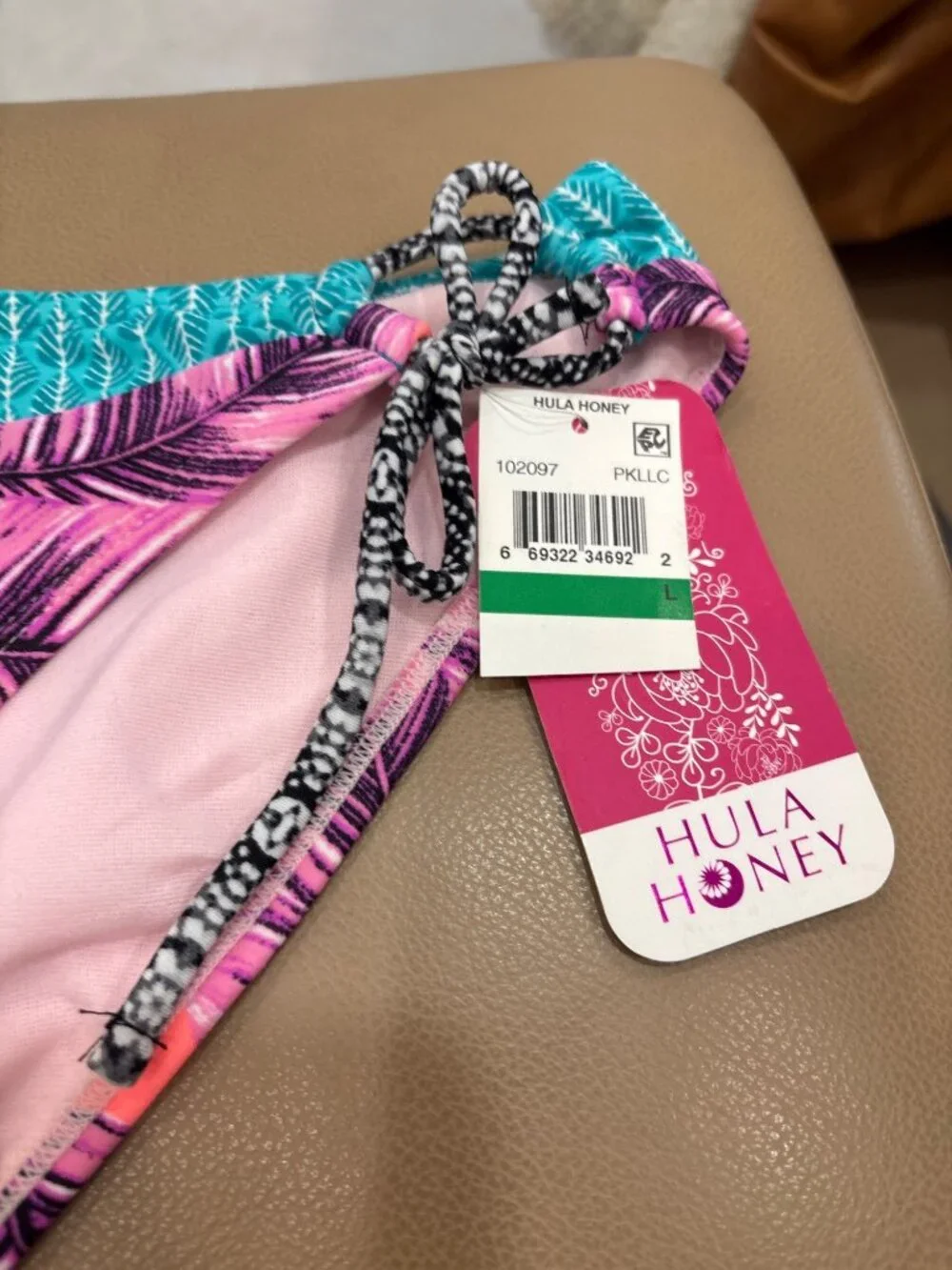 Hula Honey Large Pink Teal Palm Leaf Side Tie Bikini Bottom Boho Cottagecore NWT
